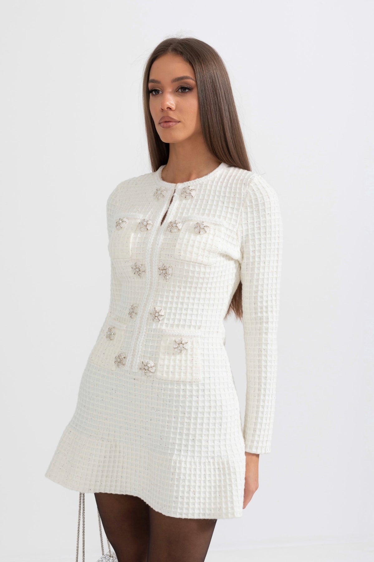 Long Sleeve Knee-Length Textured Knit Dress with Silver Buttons – White
