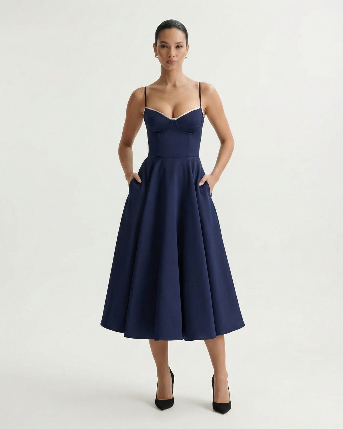 Giulia Duchess Satin Midi Dress with Tulle Underskirt – Navy Blue – view 2