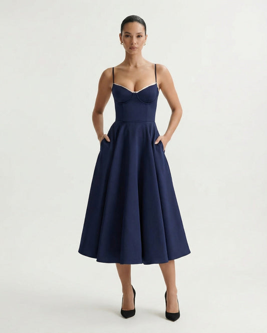 Giulia Duchess Satin Midi Dress with Tulle Underskirt – Navy Blue – view 2