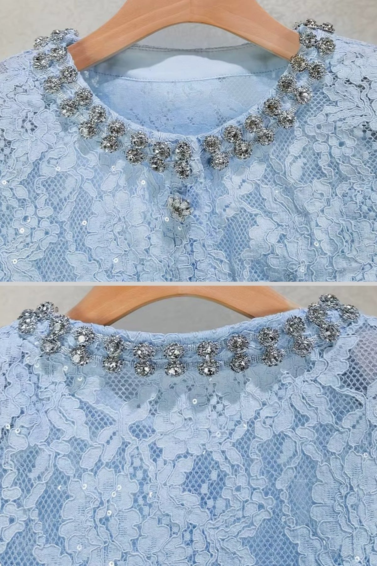 Long Sleeve Lace Top and Midi Skirt Co-ord with Sparkling Neckline – Blue – view 15