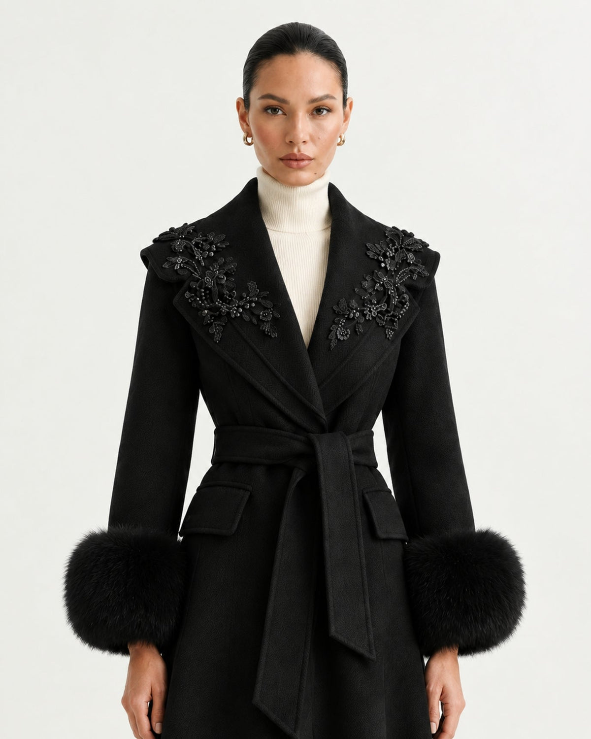 Hamptons Long Wool Cashmere Coat with Embellished Collar – view 20