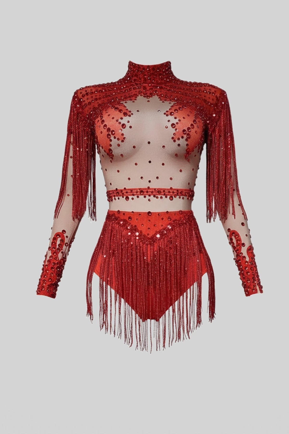 Sequin Embellished Fringed High Neck Long Sleeve Bodysuit – Red