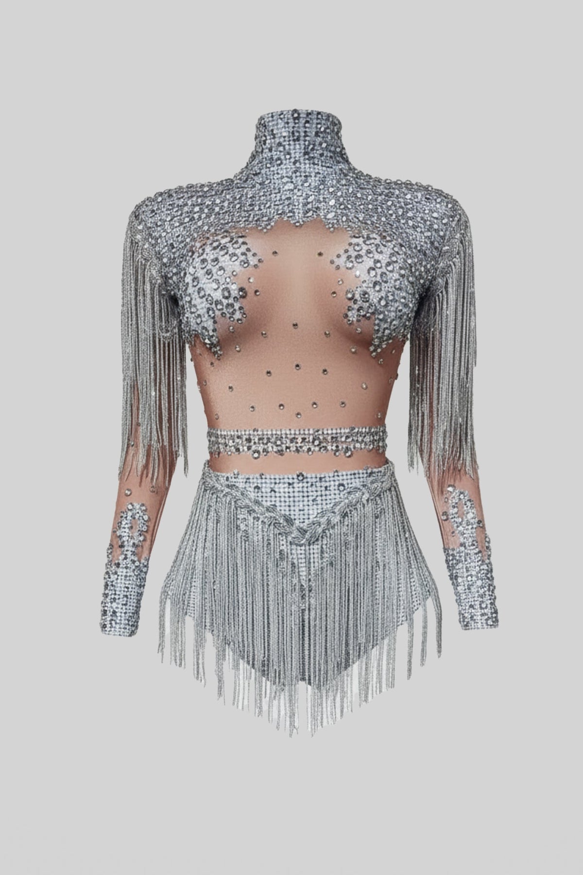 Fringed Long Sleeve Bodysuit with Sequins and Beadwork – Silver
