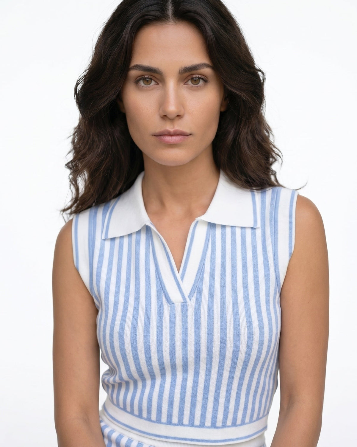 Knitted Polo Vest and Tailored Short Skirt Two-Piece Set – Blue Stripe – view 5