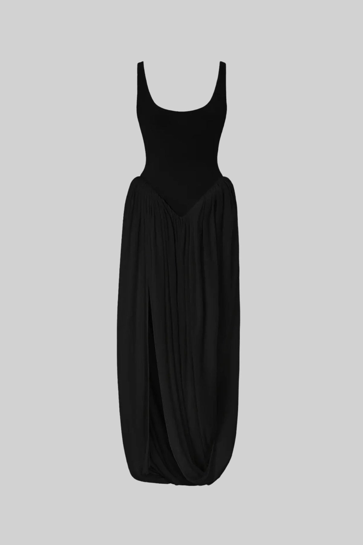 Sleeveless Bodycon Maxi Dress with Draped Balloon Skirt and Side Slit – Black – view 2