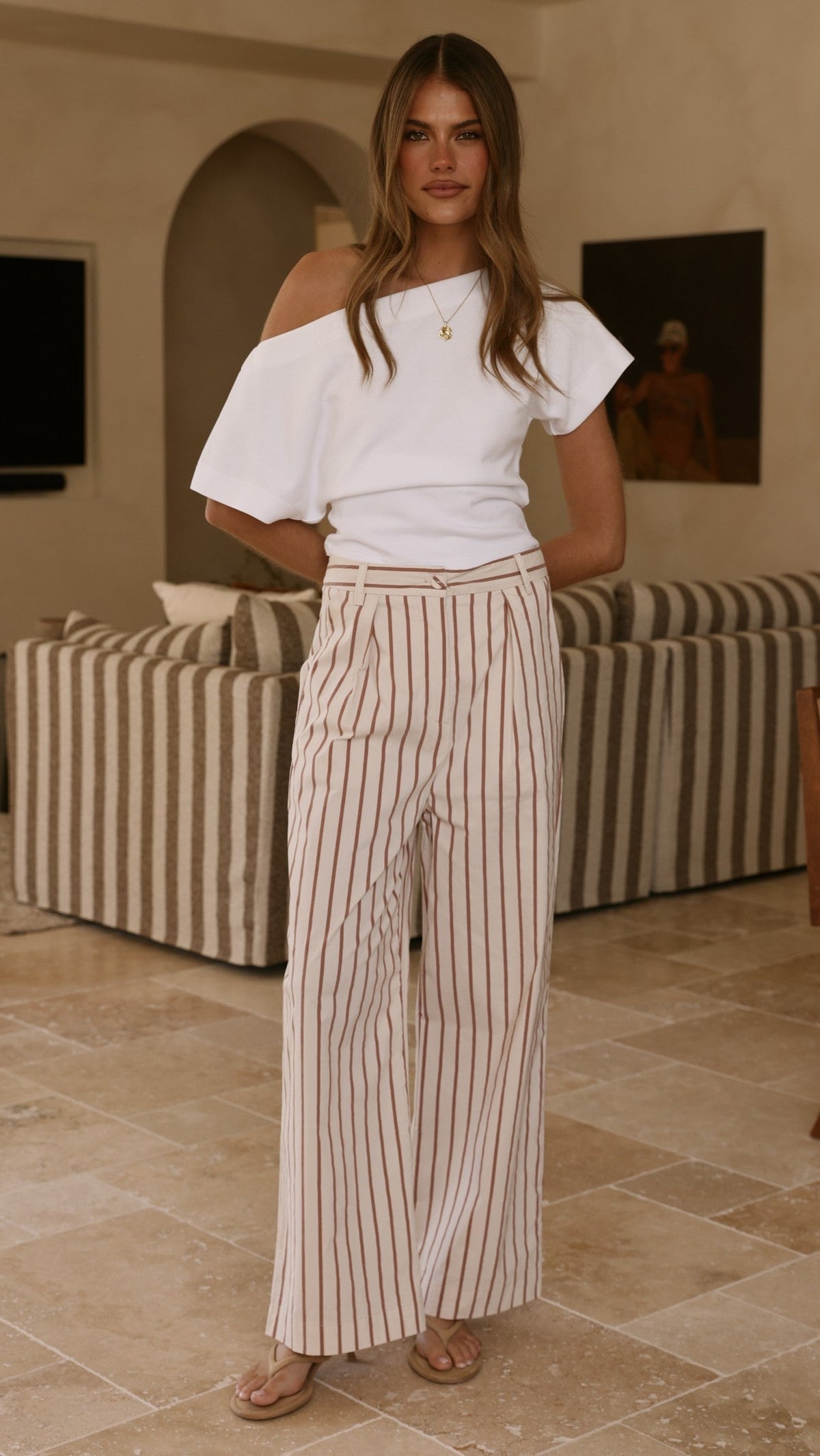 Tasmine High Waisted Straight Leg Trousers – White/Mauve Stripe – view 9