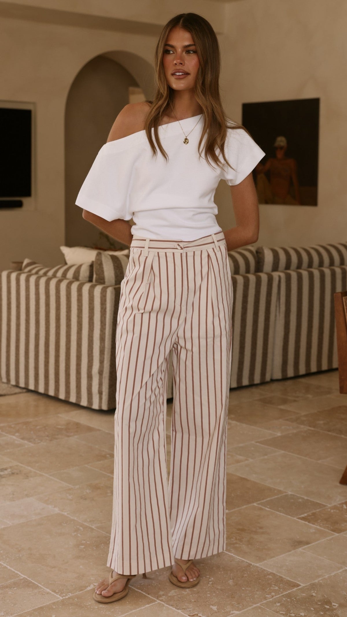 Tasmine High Waisted Straight Leg Trousers – White/Mauve Stripe – view 10