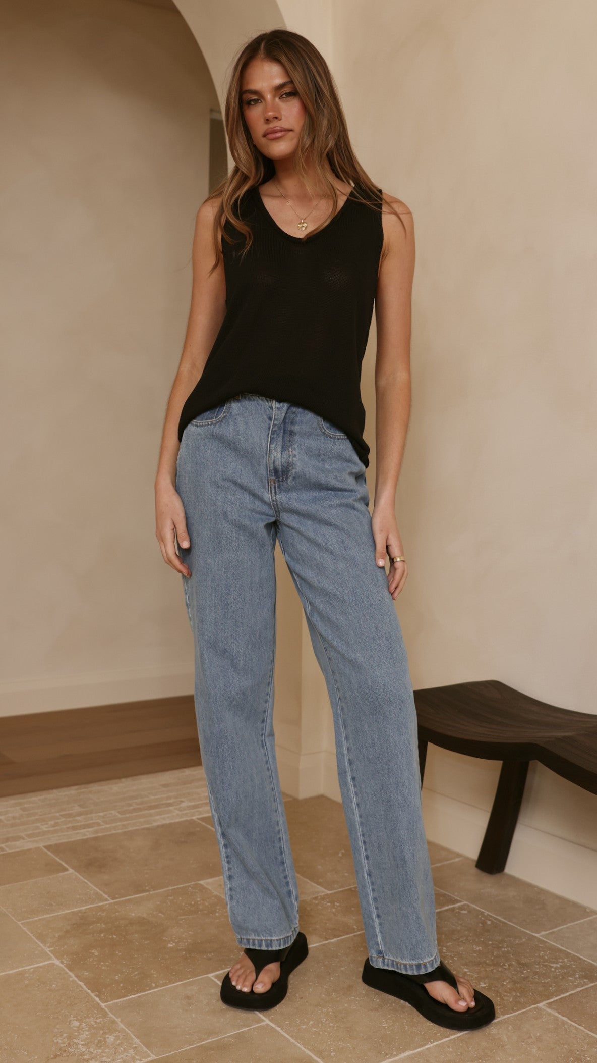 Zaeli Straight Leg Jeans with Tobacco Stitching – Mid Blue – view 25