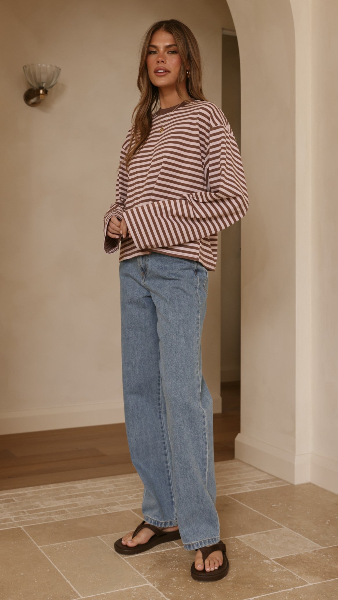 Solana Crew Neck Relaxed Fit Long Sleeve Top – Pink/Choc Stripe – view 6