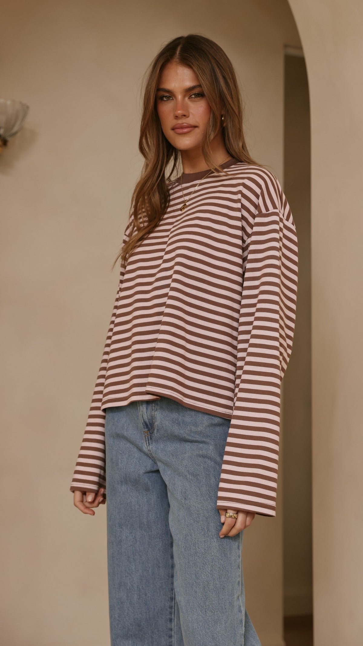 Solana Crew Neck Relaxed Fit Long Sleeve Top – Pink/Choc Stripe