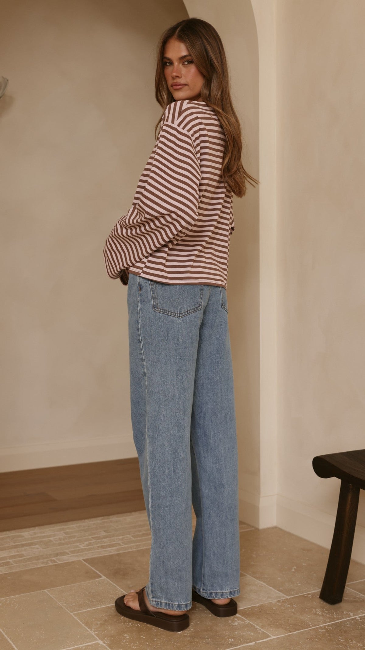 Solana Crew Neck Relaxed Fit Long Sleeve Top – Pink/Choc Stripe – view 7