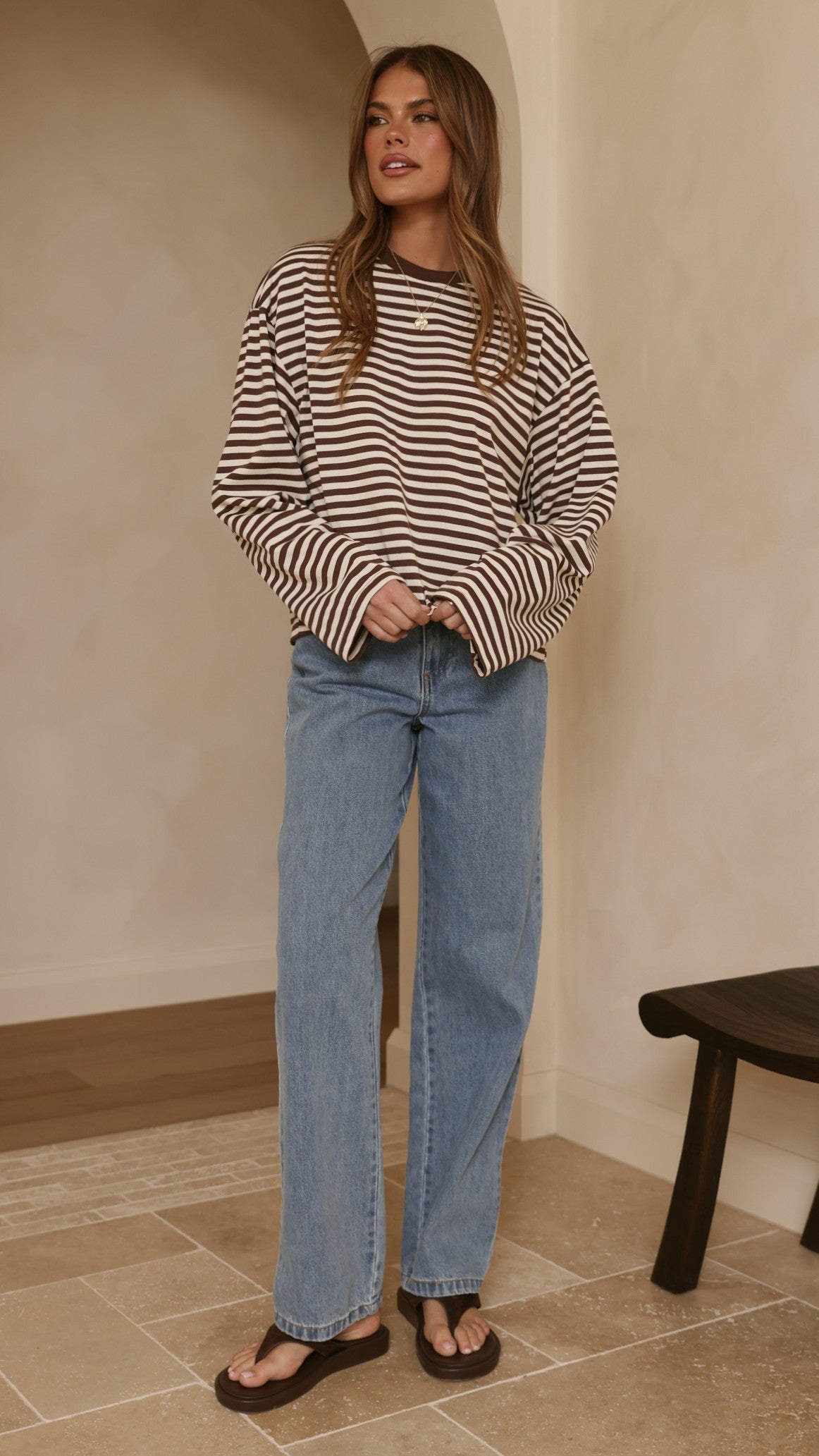 Solana Relaxed Fit Long Sleeve Crew Neck Top – Choc/White Stripe – view 4