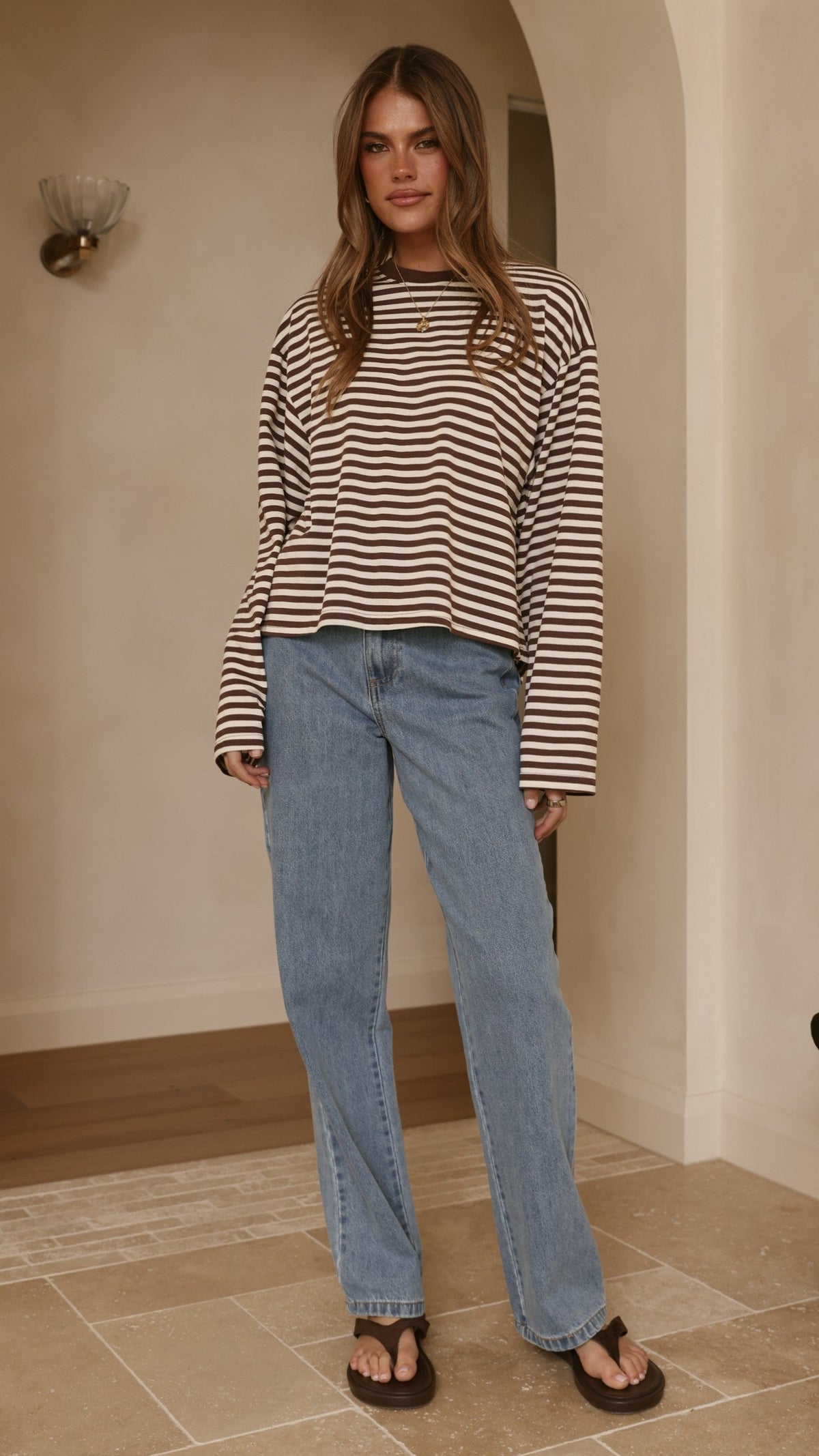 Solana Relaxed Fit Long Sleeve Crew Neck Top – Choc/White Stripe – view 7