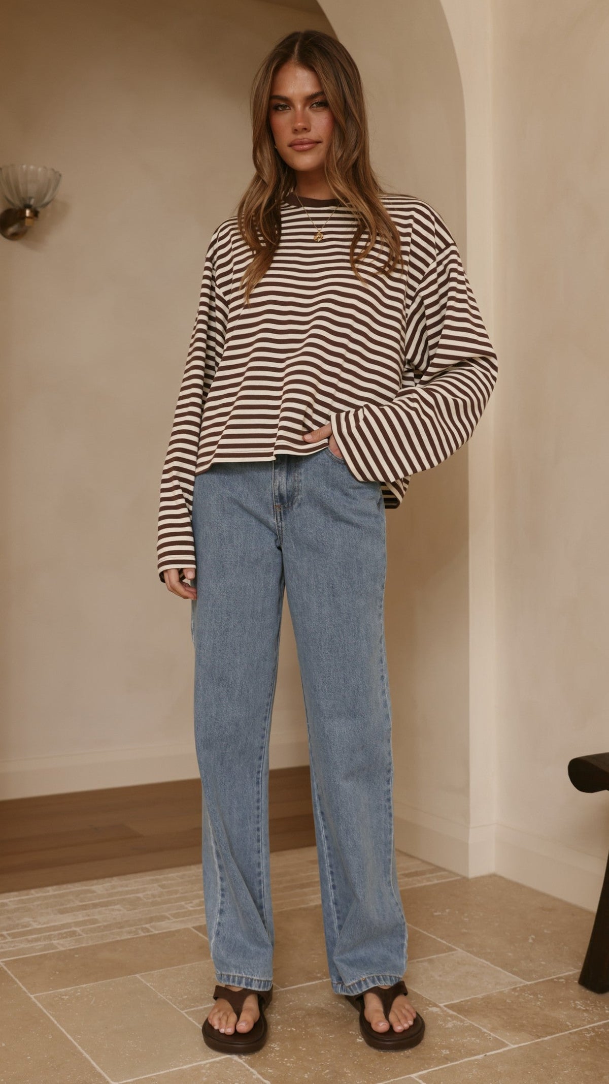 Solana Relaxed Fit Long Sleeve Crew Neck Top – Choc/White Stripe – view 8