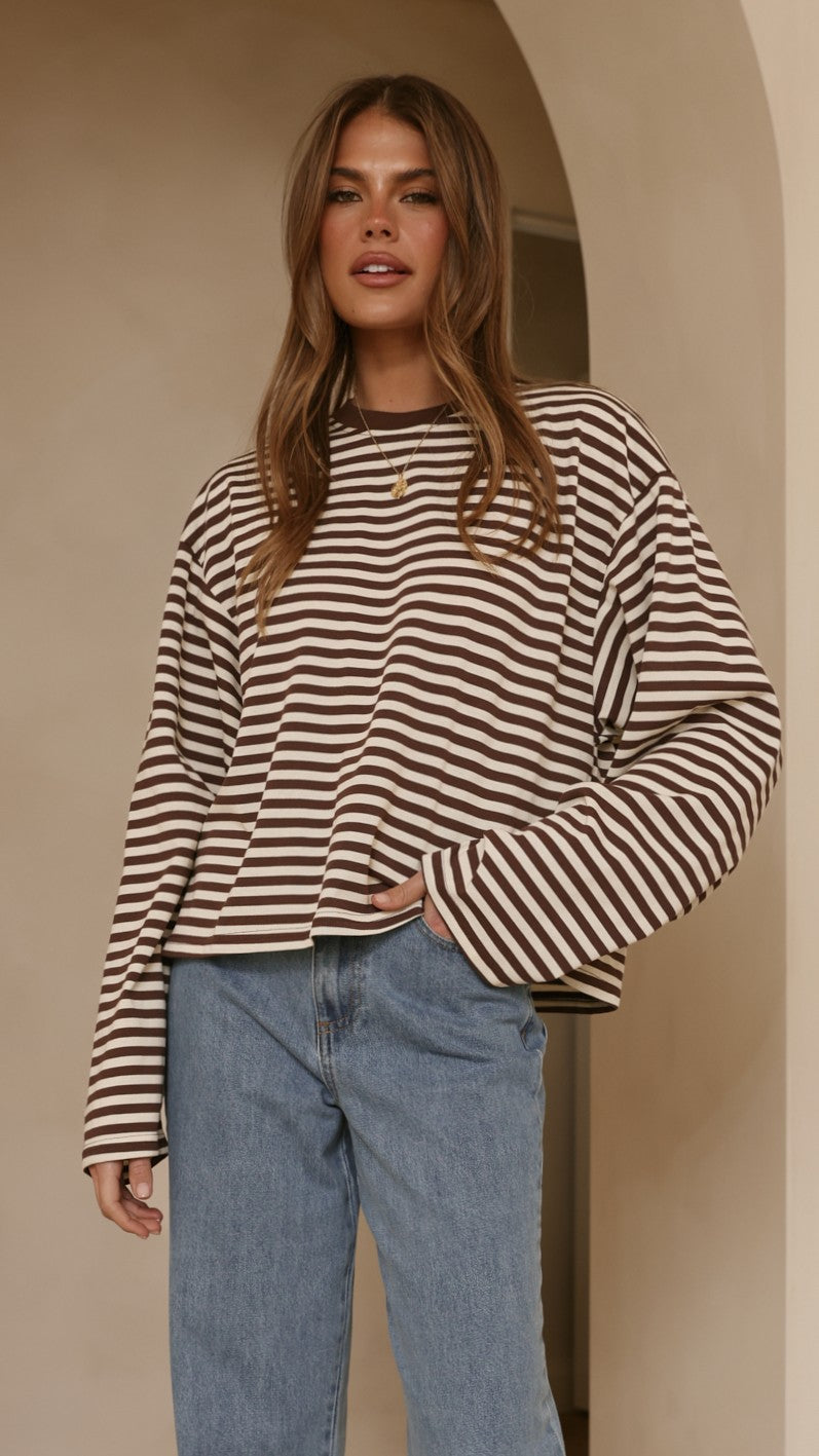 Solana Relaxed Fit Long Sleeve Crew Neck Top – Choc/White Stripe – view 6