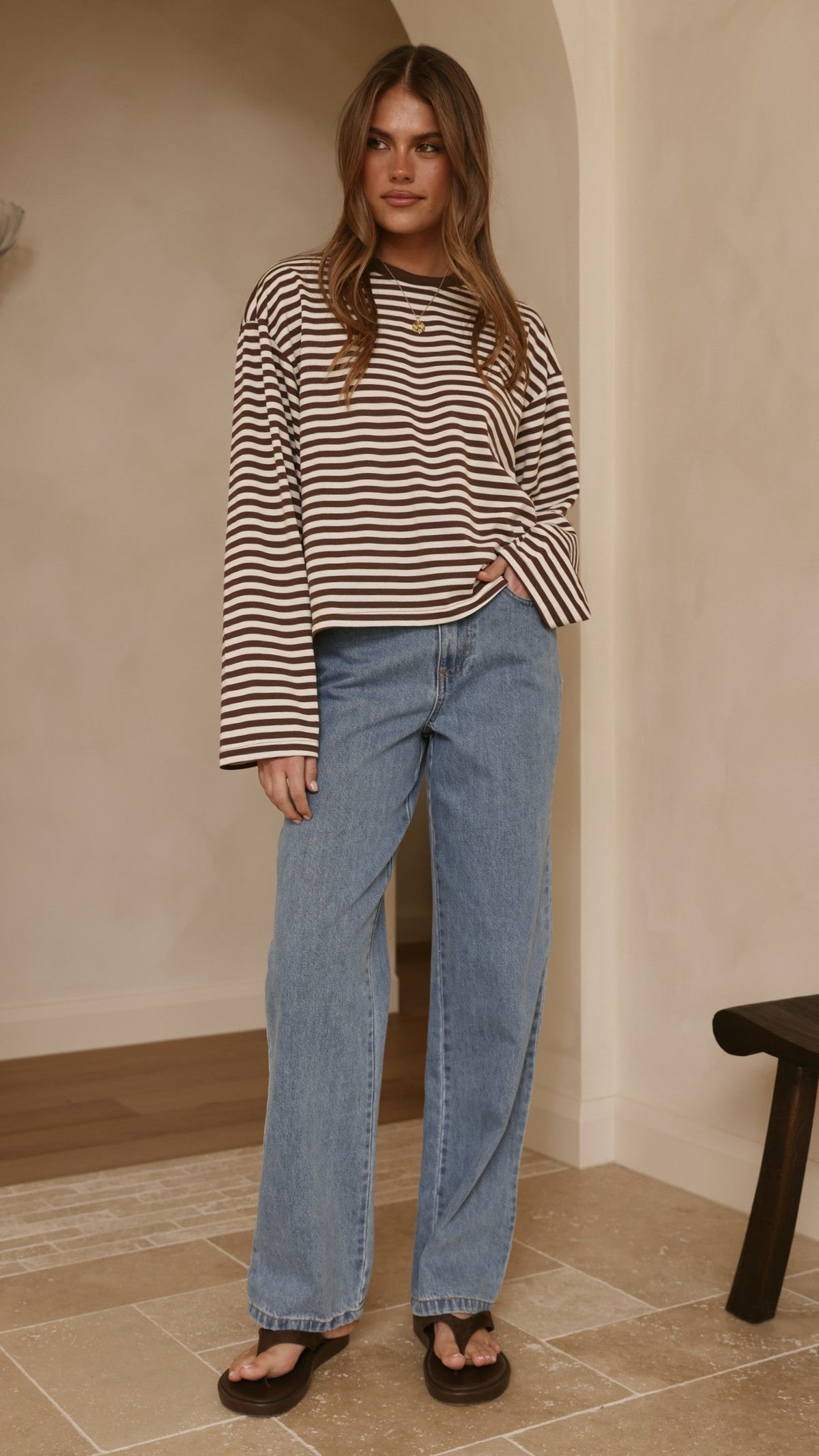 Solana Relaxed Fit Long Sleeve Crew Neck Top – Choc/White Stripe – view 10