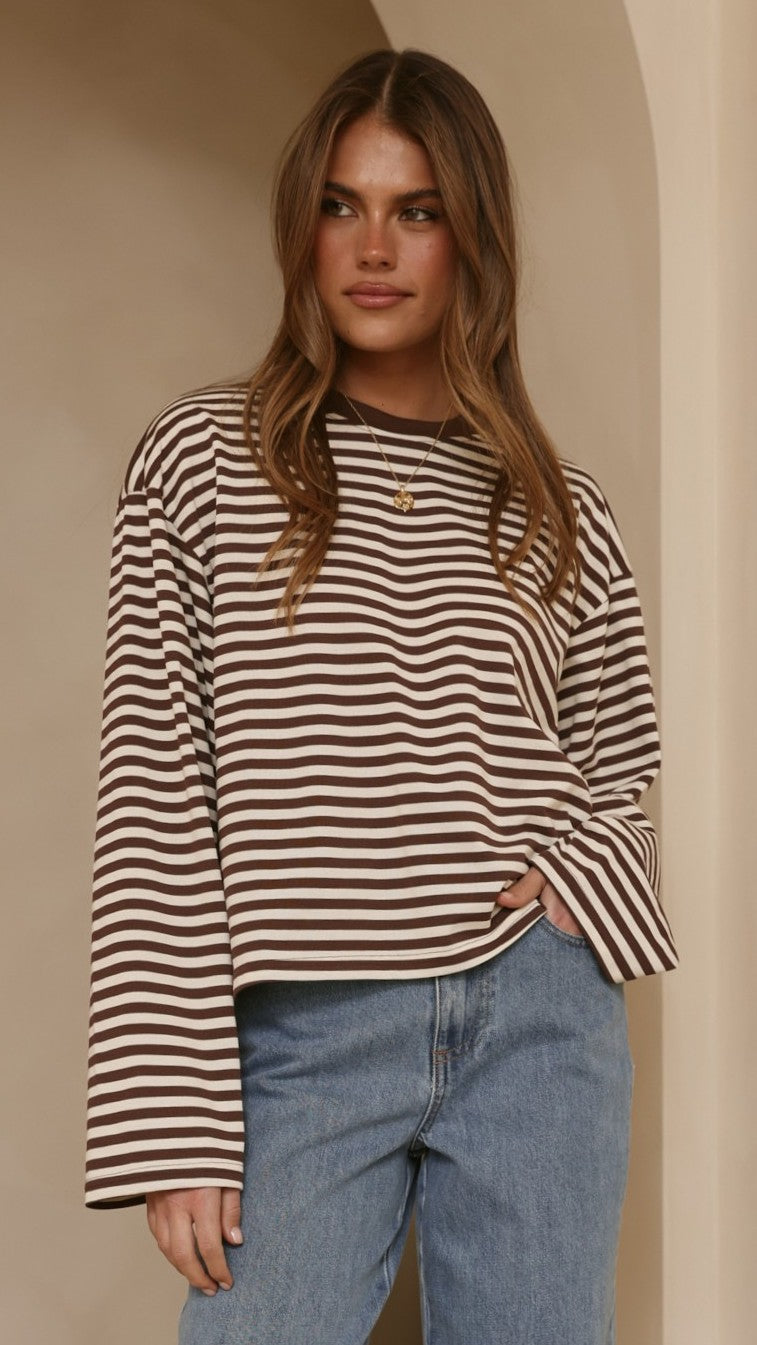 Solana Relaxed Fit Long Sleeve Crew Neck Top – Choc/White Stripe – view 1