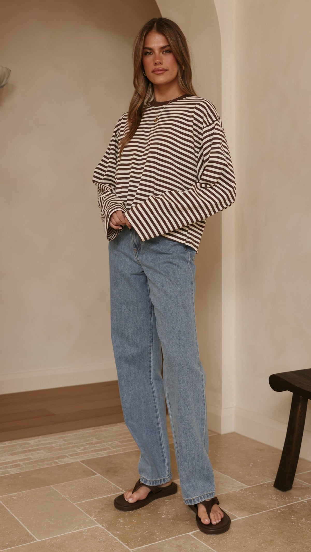 Solana Relaxed Fit Long Sleeve Crew Neck Top – Choc/White Stripe – view 11