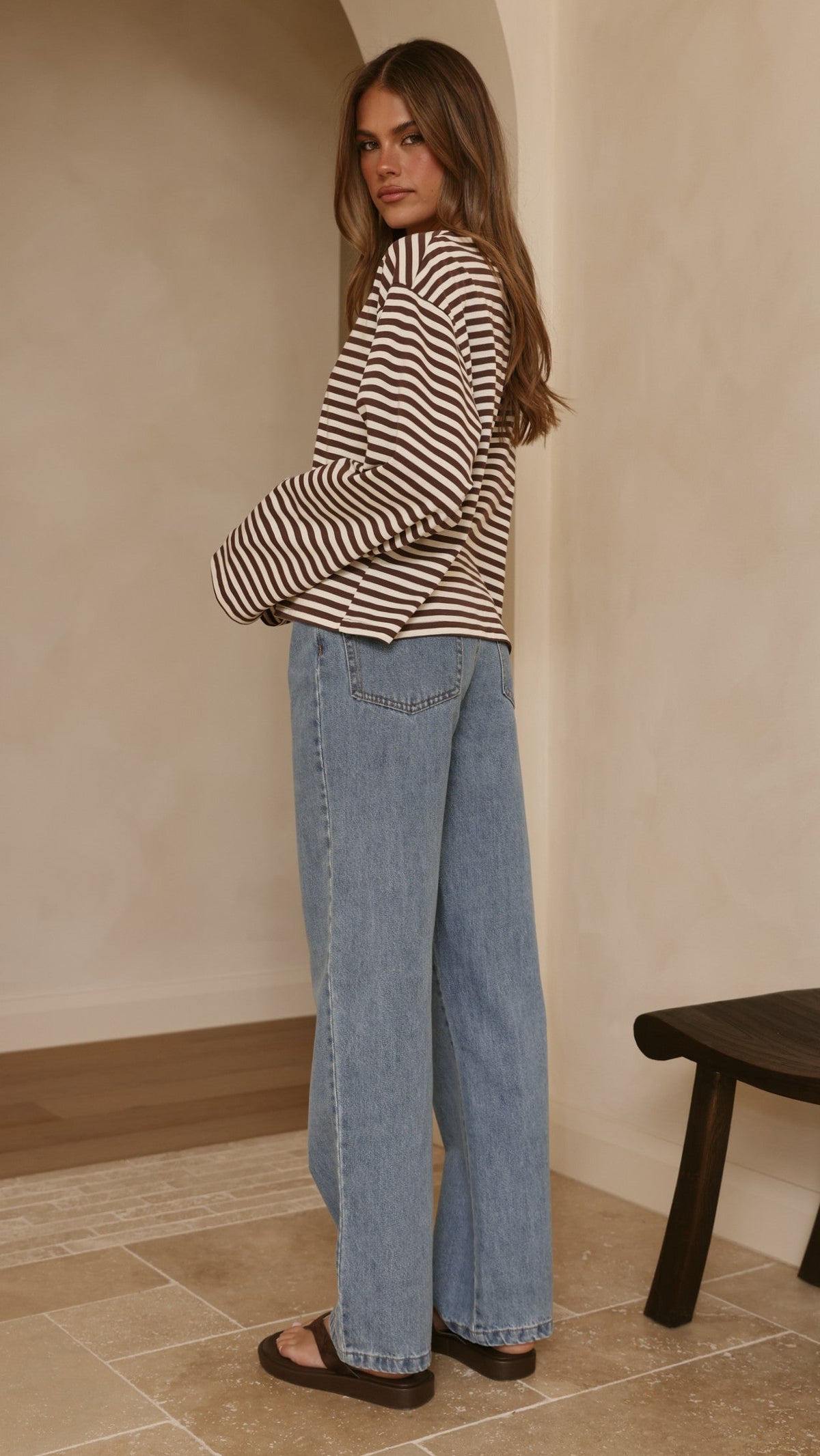 Solana Relaxed Fit Long Sleeve Crew Neck Top – Choc/White Stripe – view 12