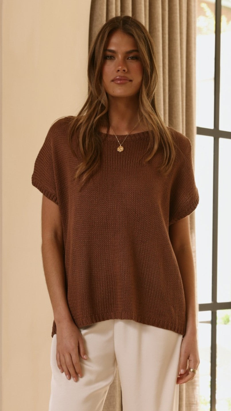 Sophia Off Shoulder Wide Neck Cap Sleeve Knit Top – Chocolate