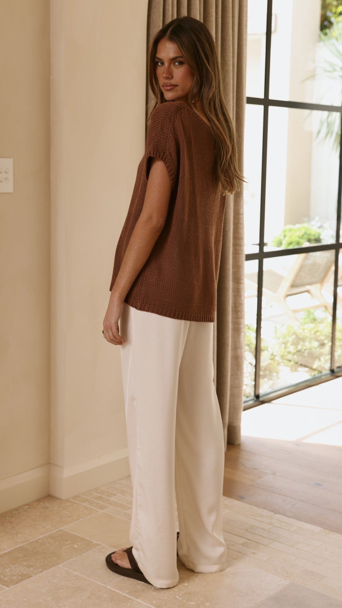 Sophia Off Shoulder Wide Neck Cap Sleeve Knit Top – Chocolate – view 2