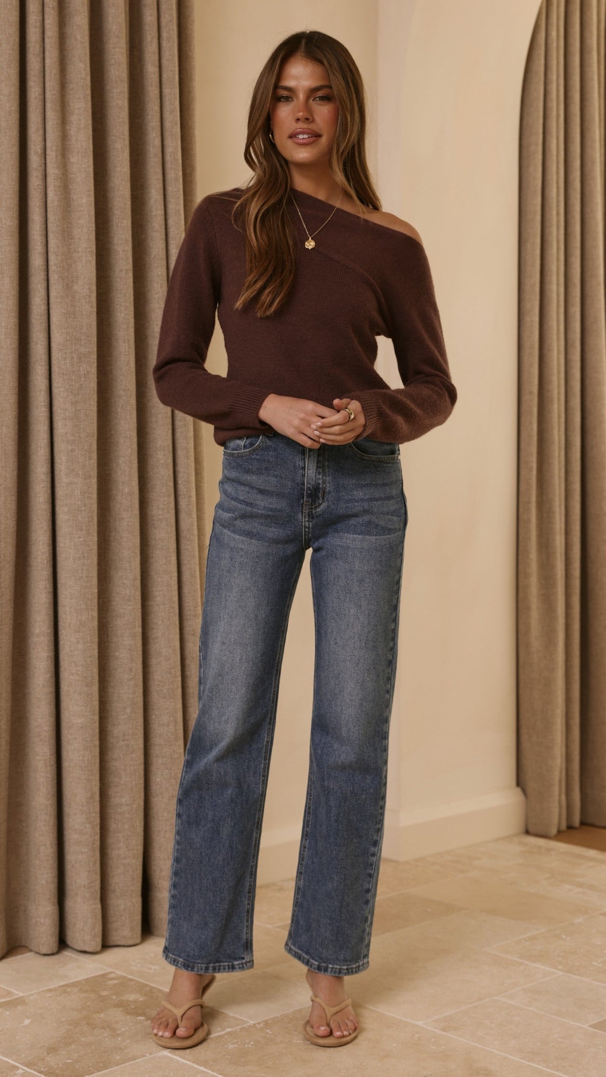 Briella Off-Shoulder Boat Neck Knit Jumper – Brown – view 6