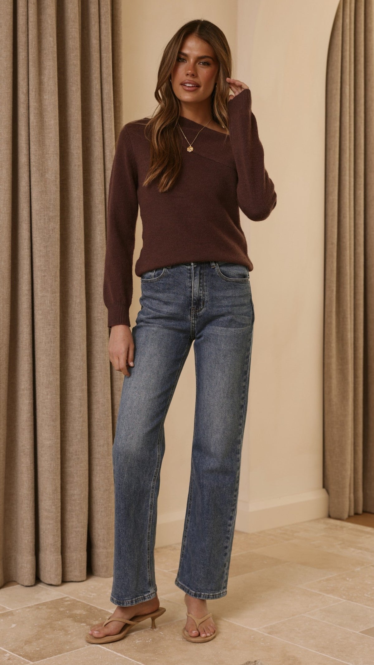 Briella Off-Shoulder Boat Neck Knit Jumper – Brown – view 8