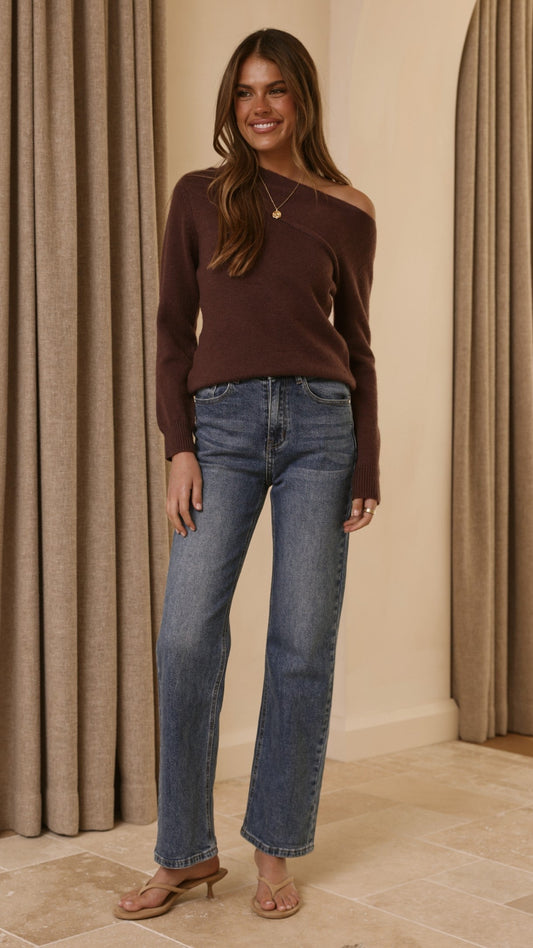 Briella Off-Shoulder Boat Neck Knit Jumper – Brown