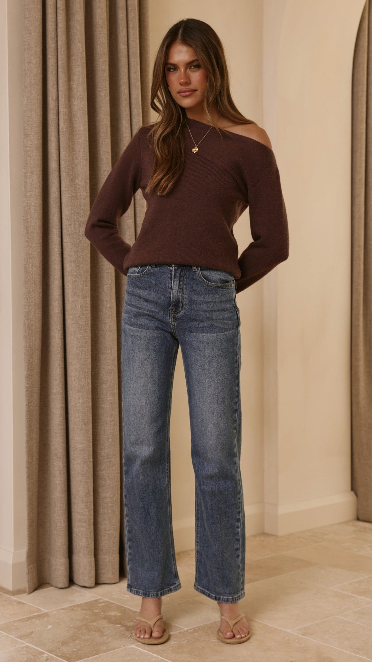 Briella Off-Shoulder Boat Neck Knit Jumper – Brown – view 5
