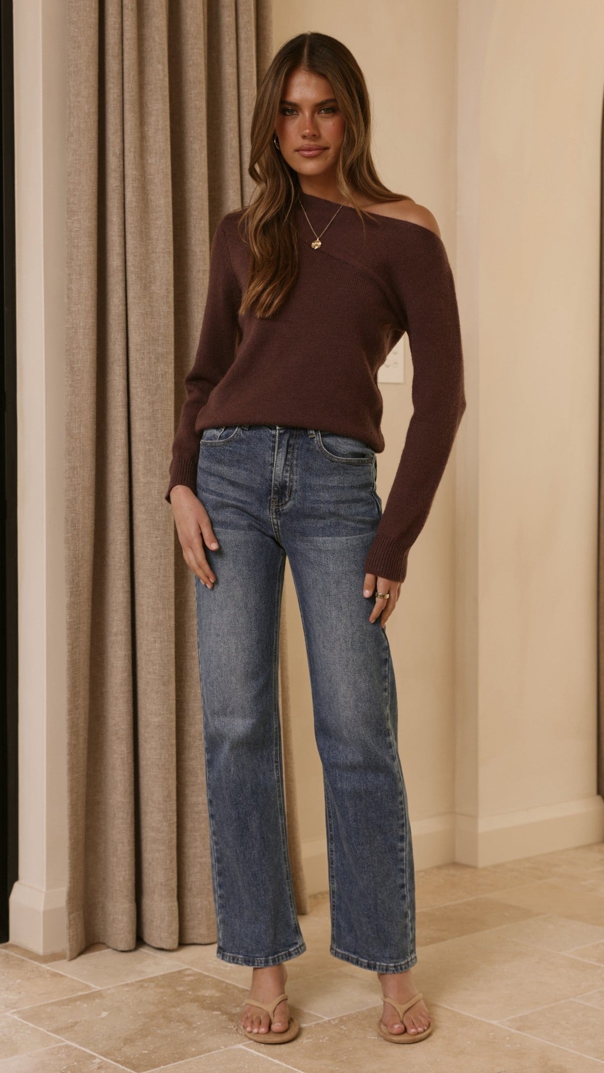 Briella Off-Shoulder Boat Neck Knit Jumper – Brown – view 9