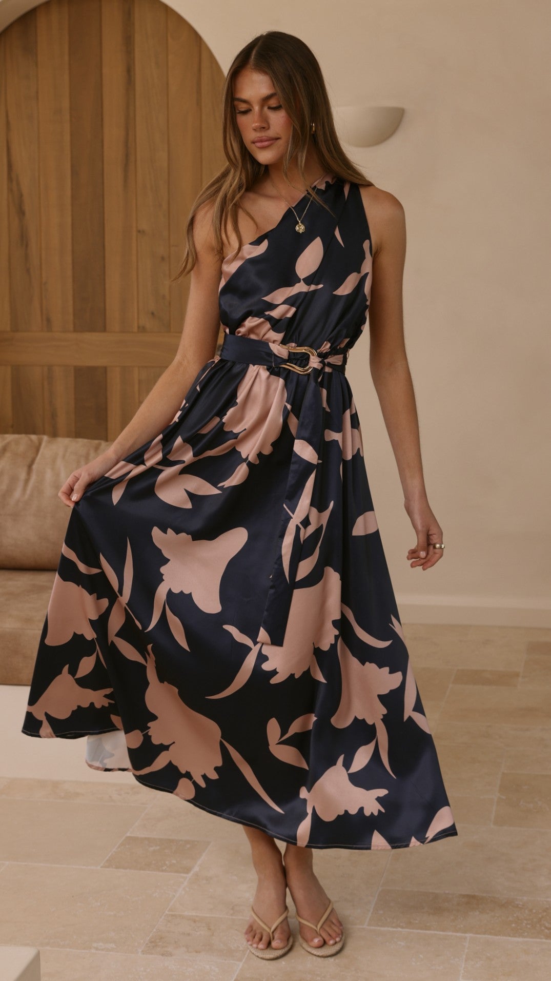 Hadas One Shoulder Belted Maxi Dress – Navy/Pink Print – view 5