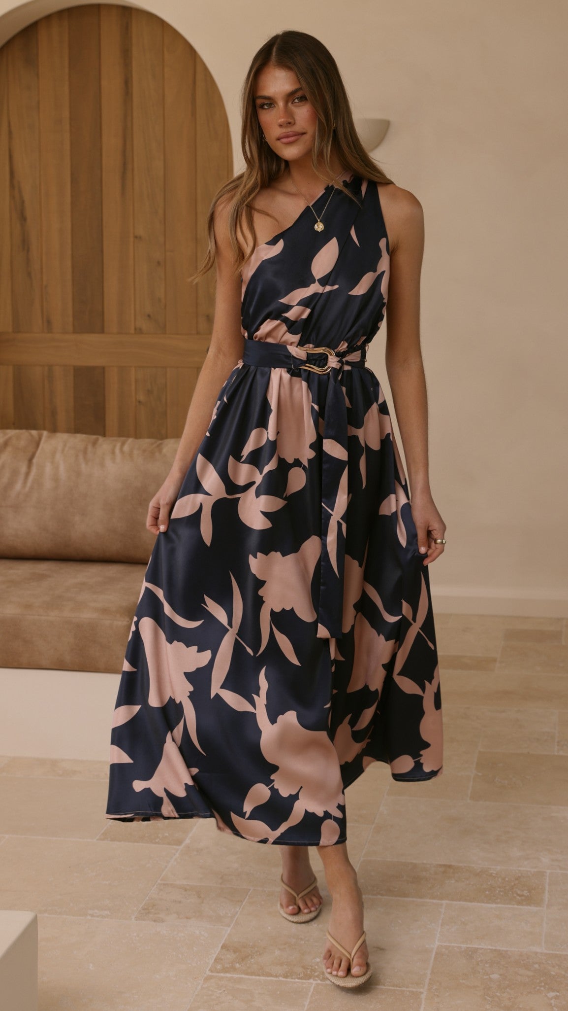 Hadas One Shoulder Belted Maxi Dress – Navy/Pink Print
