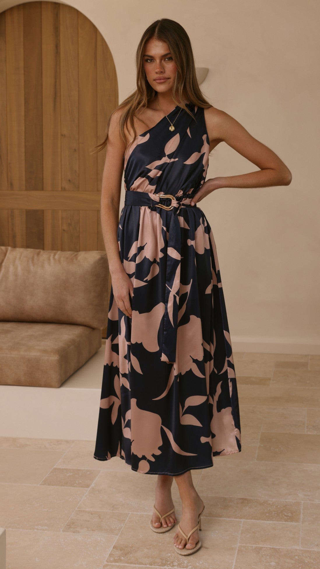 Hadas One Shoulder Belted Maxi Dress – Navy/Pink Print – view 3