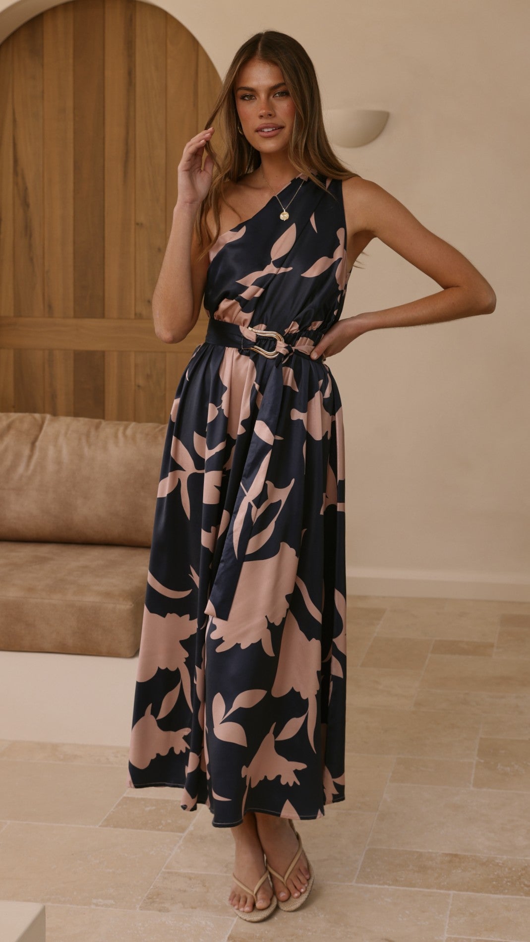 Hadas One Shoulder Belted Maxi Dress – Navy/Pink Print