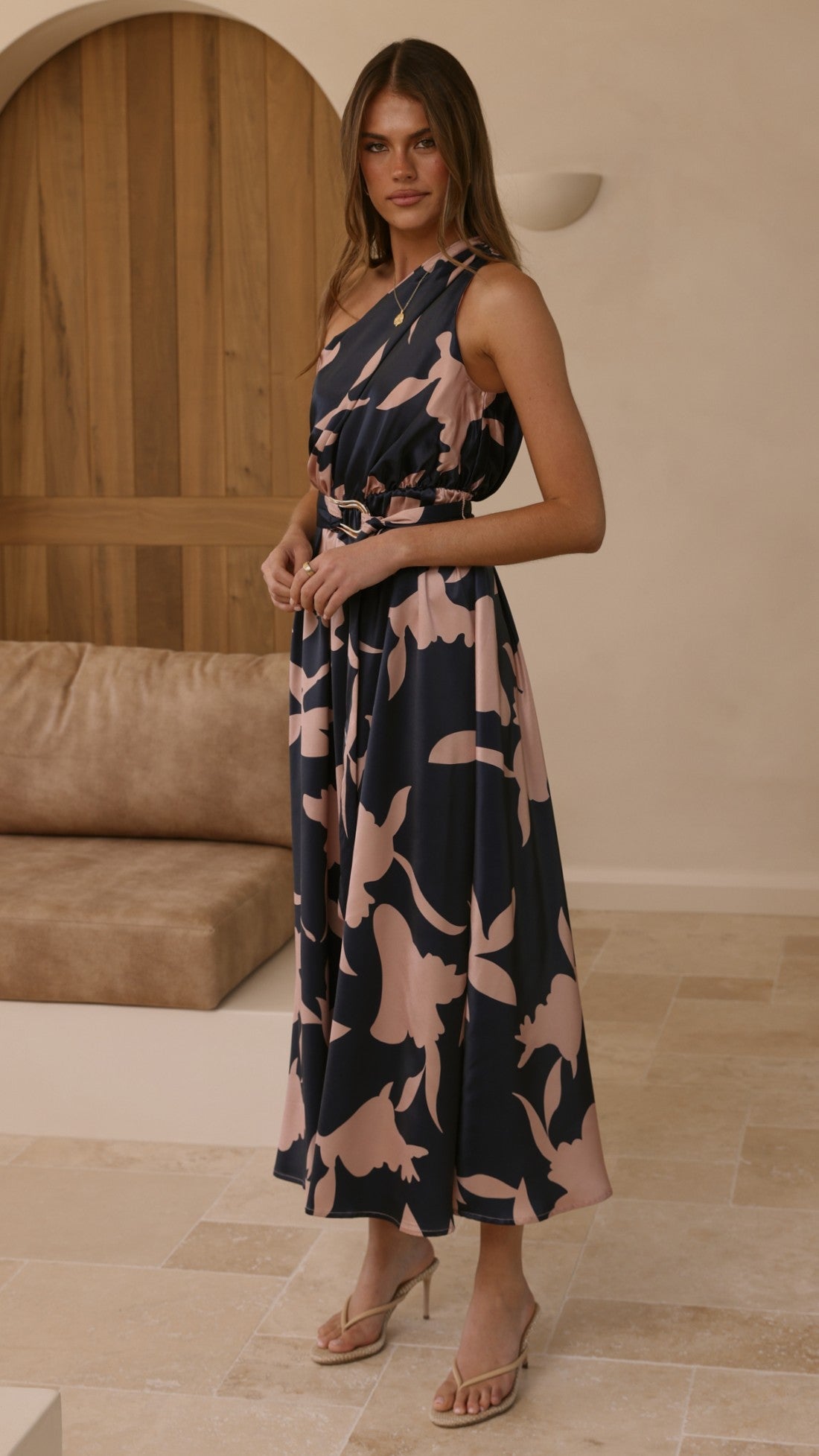 Hadas One Shoulder Belted Maxi Dress – Navy/Pink Print