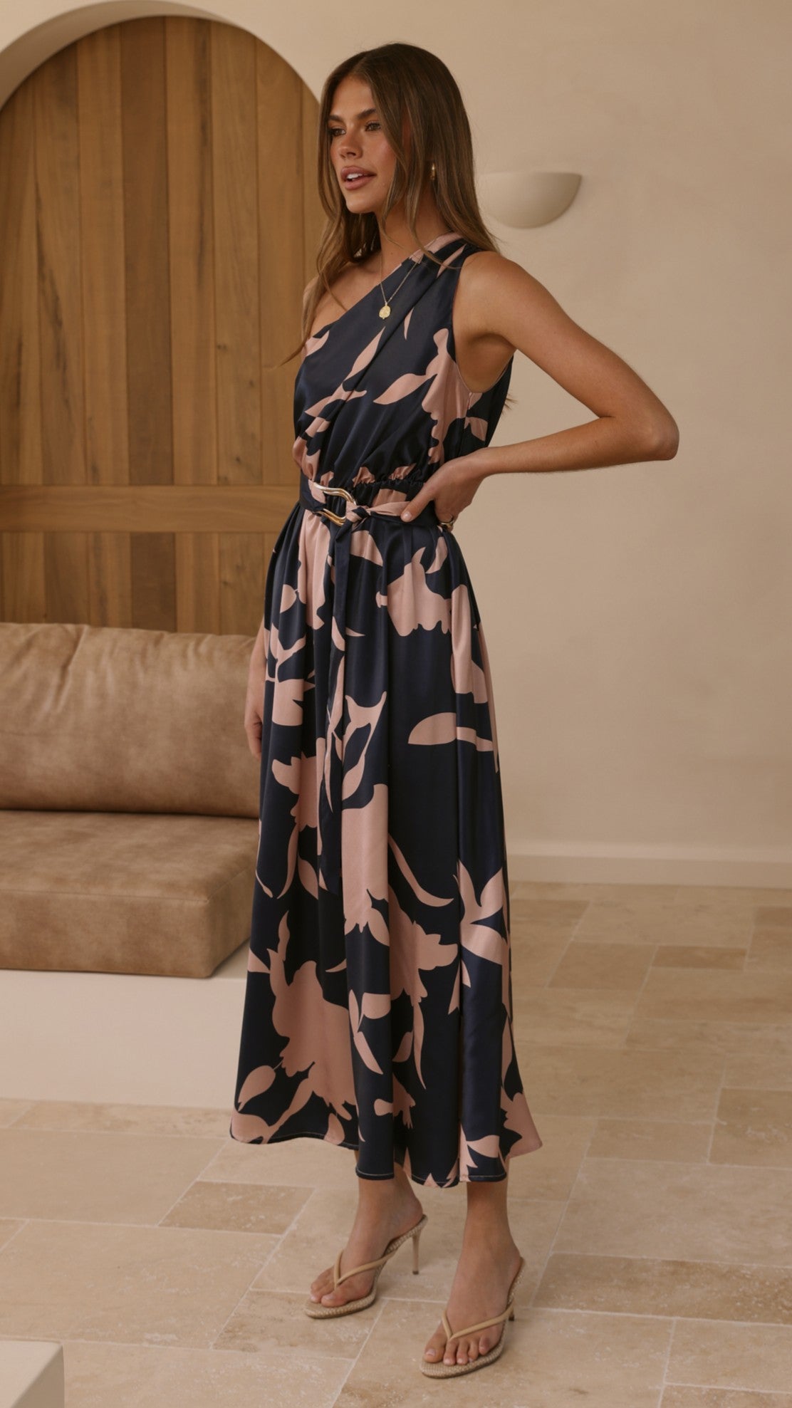 Hadas One Shoulder Belted Maxi Dress – Navy/Pink Print – view 4