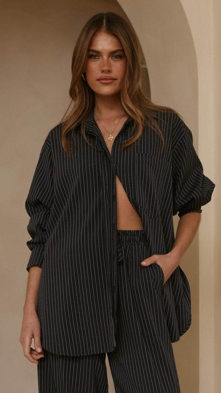 Zaila Collared V-Neck Boxy Long Sleeve Shirt – Navy/White Stripe – view 2