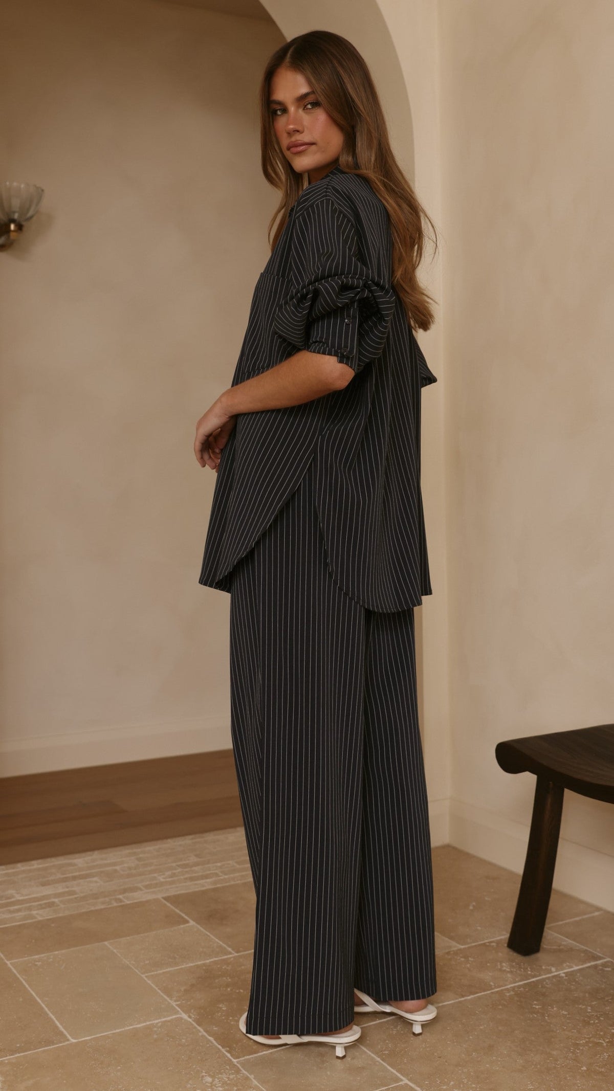 Zaila Elasticated Waist Wide Leg Trousers – Navy/White Stripe