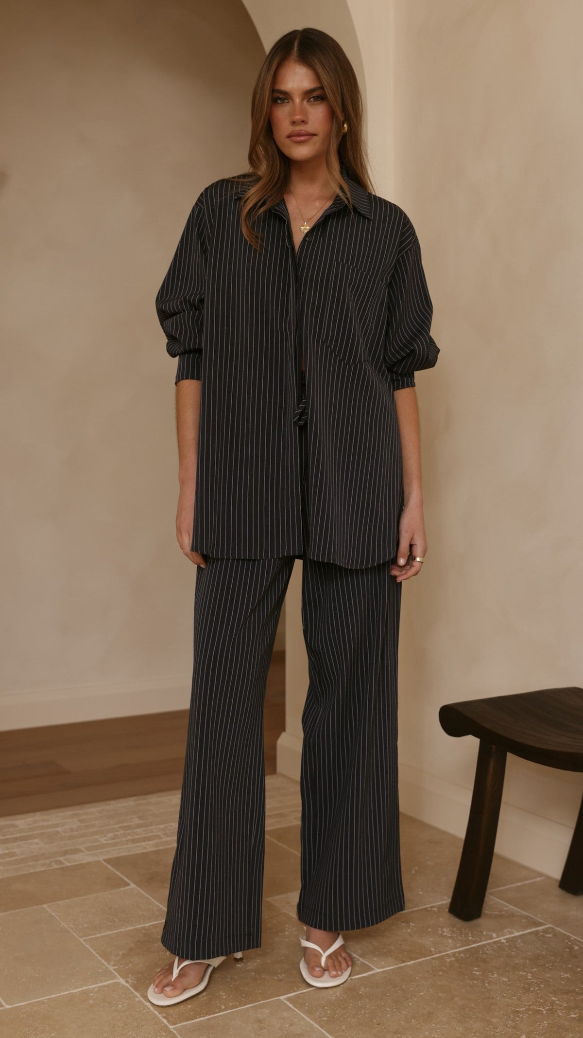 Zaila Elasticated Waist Wide Leg Trousers – Navy/White Stripe – view 5