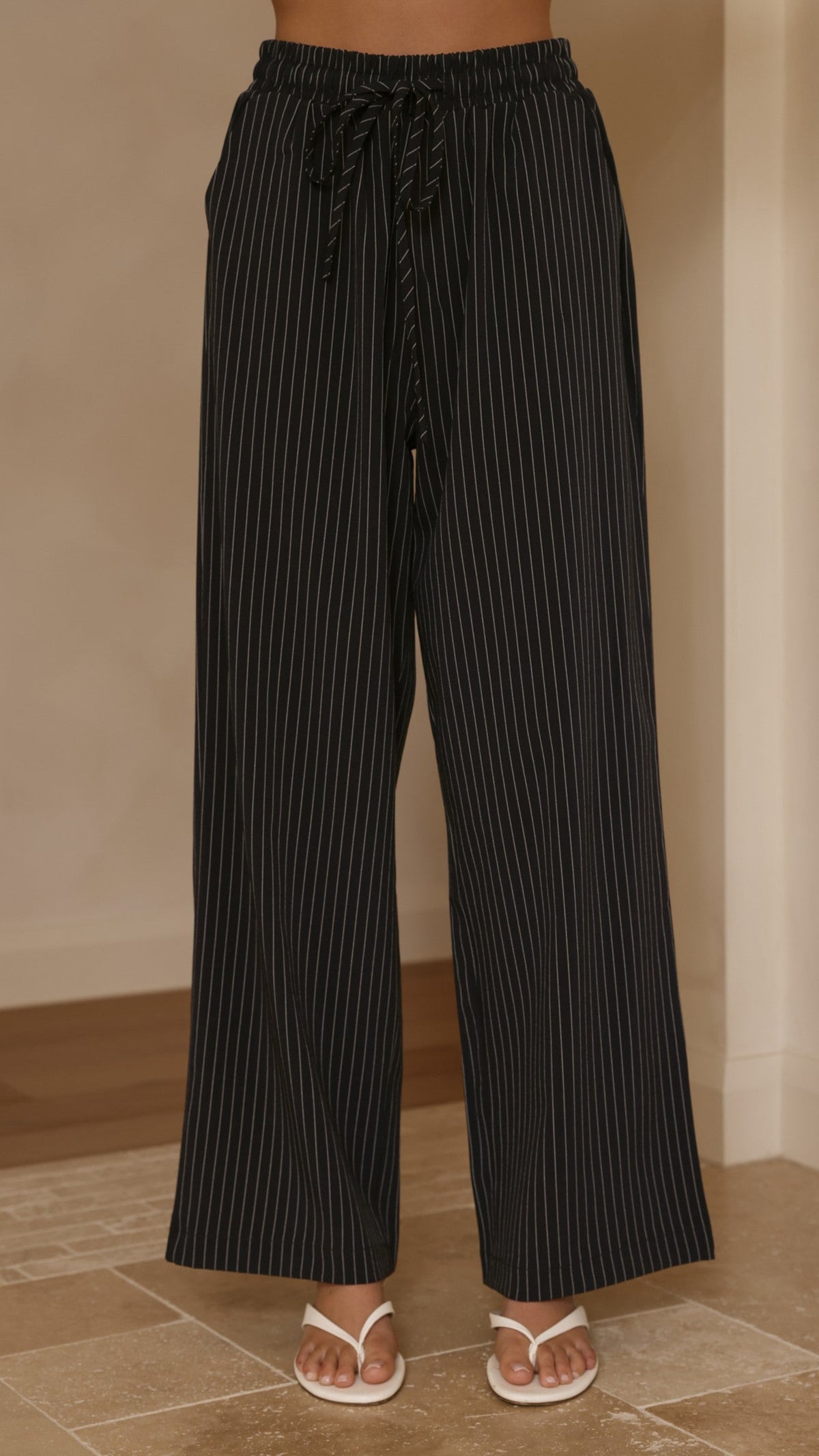 Zaila Elasticated Waist Wide Leg Trousers – Navy/White Stripe