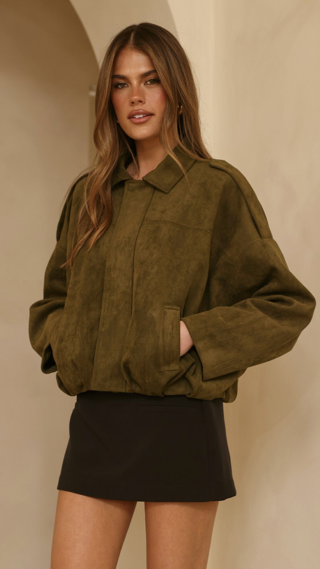 Leela Faux Suede Collared Bomber Jacket with Bubble Hem – Khaki – view 4