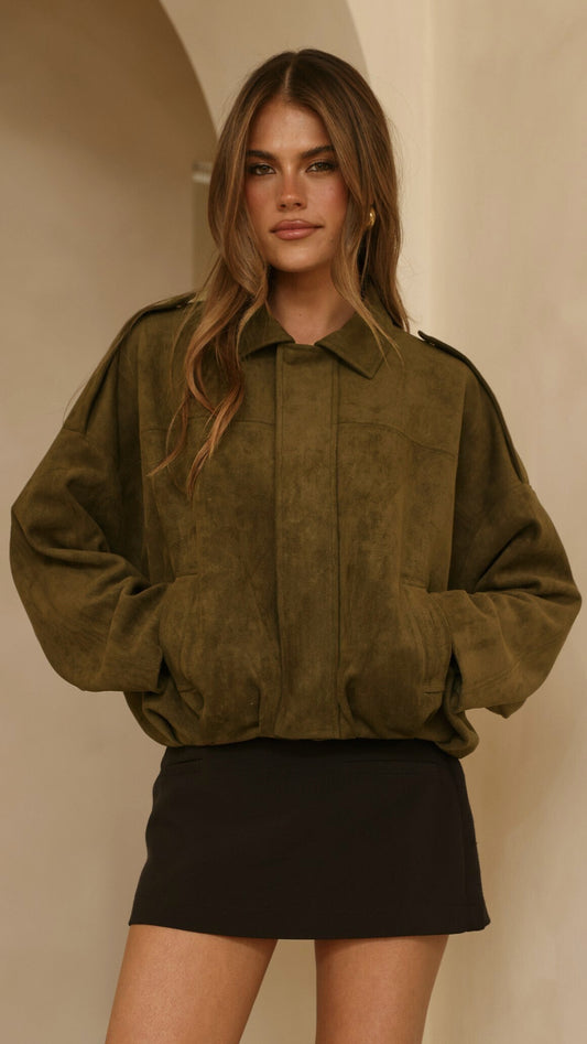 Leela Faux Suede Collared Bomber Jacket with Bubble Hem – Khaki