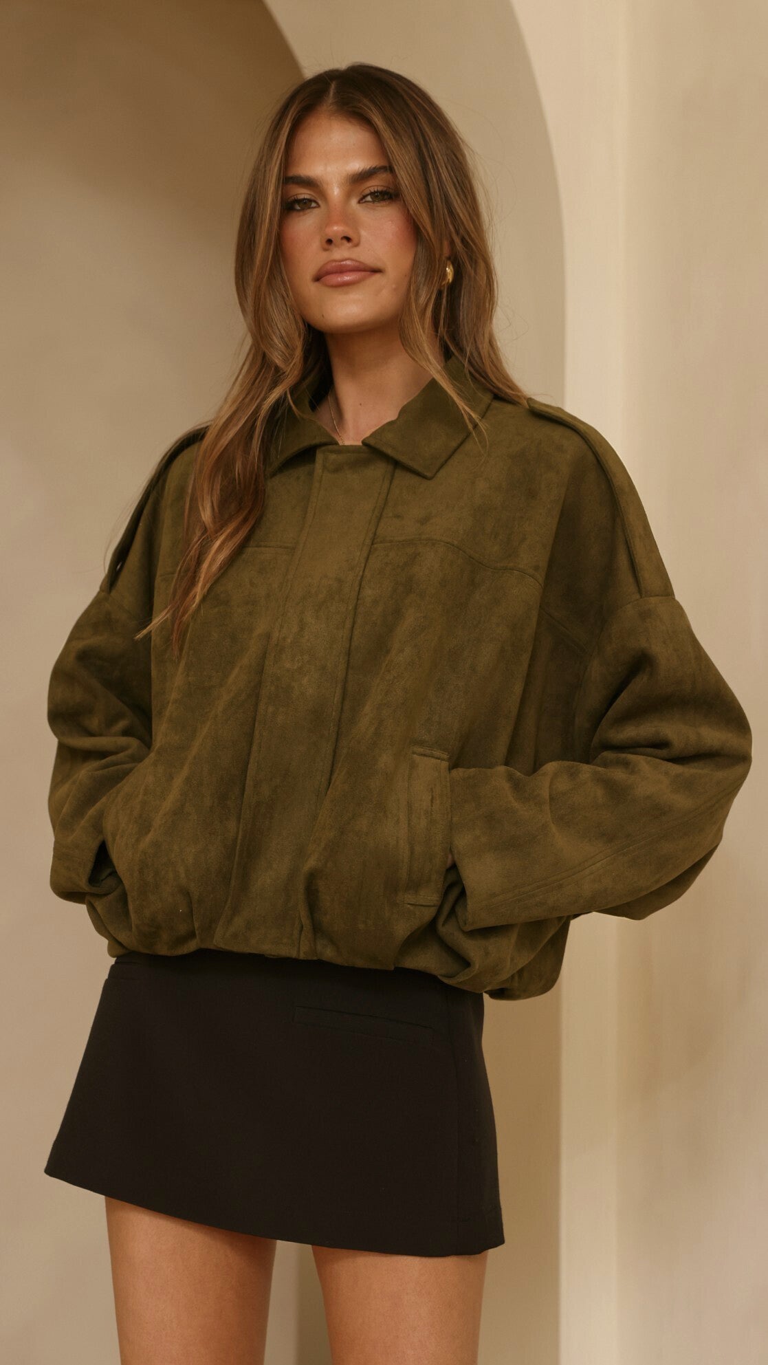 Leela Faux Suede Collared Bomber Jacket with Bubble Hem – Khaki – view 6