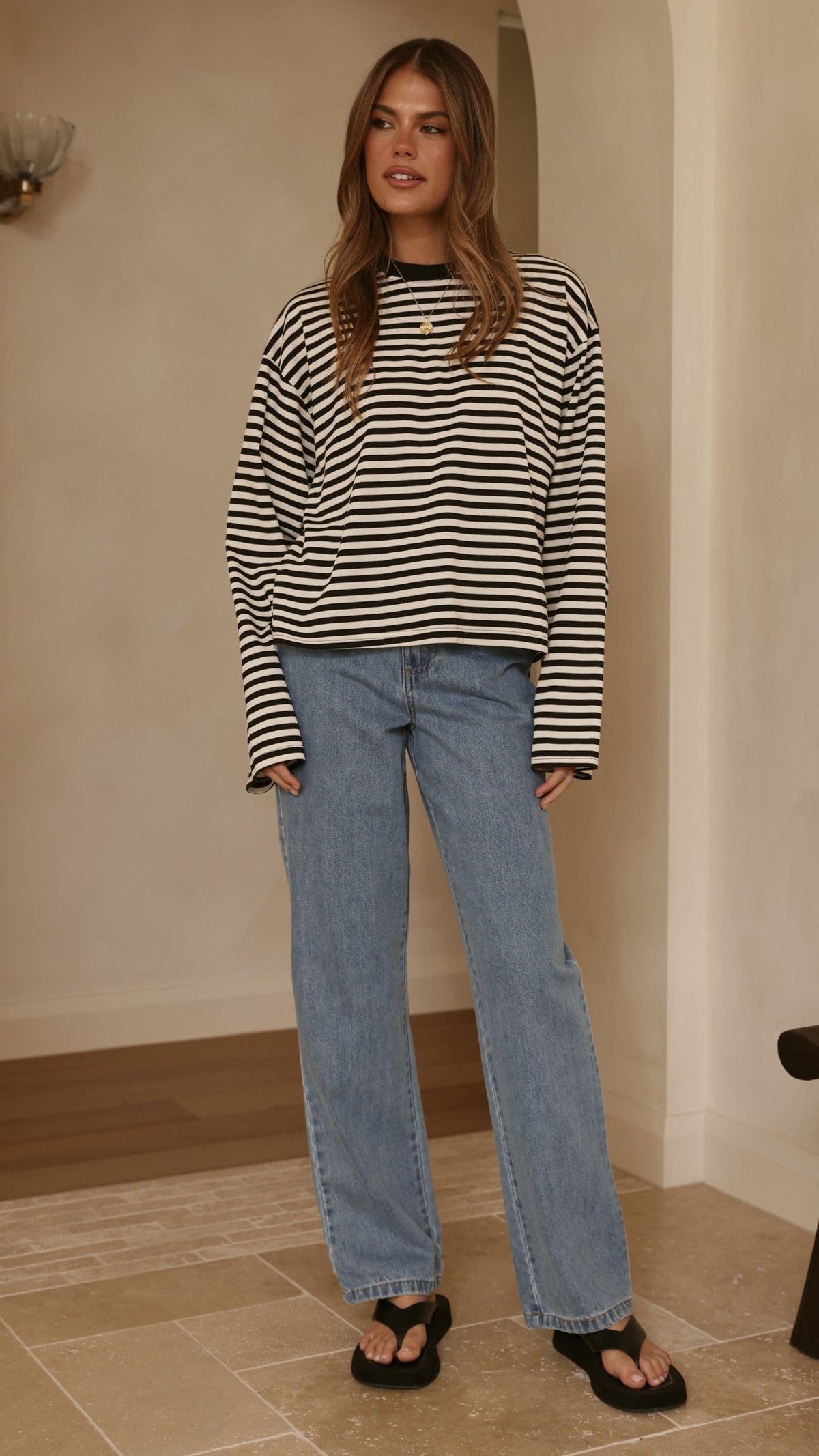 Solana Relaxed Crew Neck Long Sleeve Top – Black/White Stripe – view 3