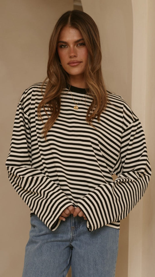 Solana Relaxed Crew Neck Long Sleeve Top – Black/White Stripe