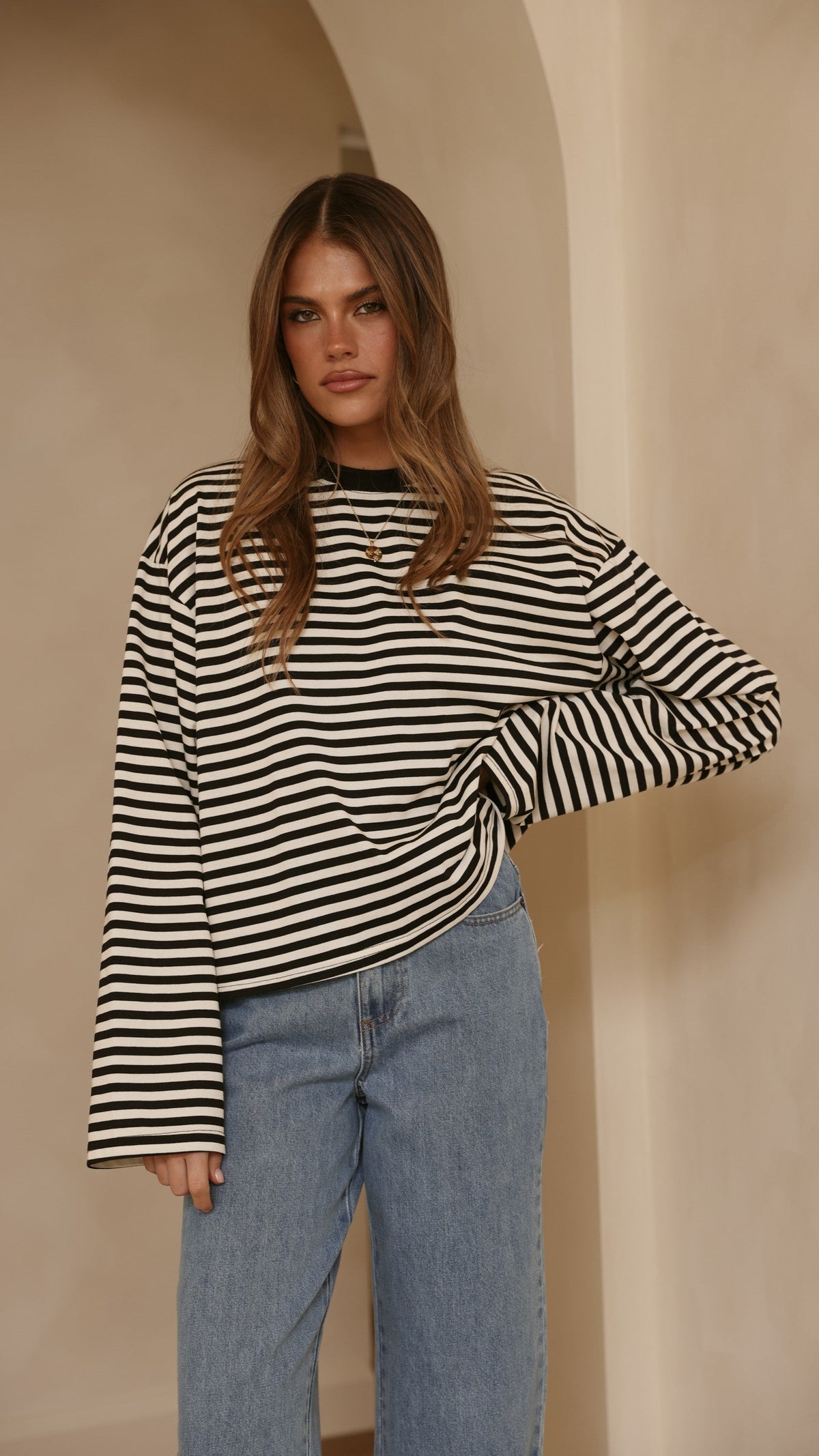 Solana Relaxed Crew Neck Long Sleeve Top – Black/White Stripe – view 5