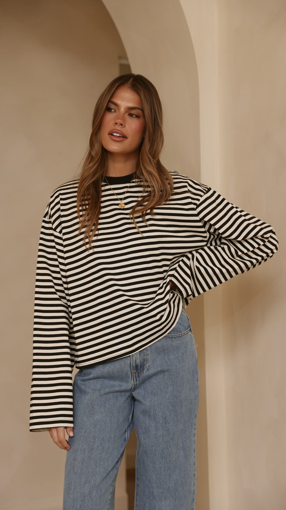 Solana Relaxed Crew Neck Long Sleeve Top – Black/White Stripe – view 6