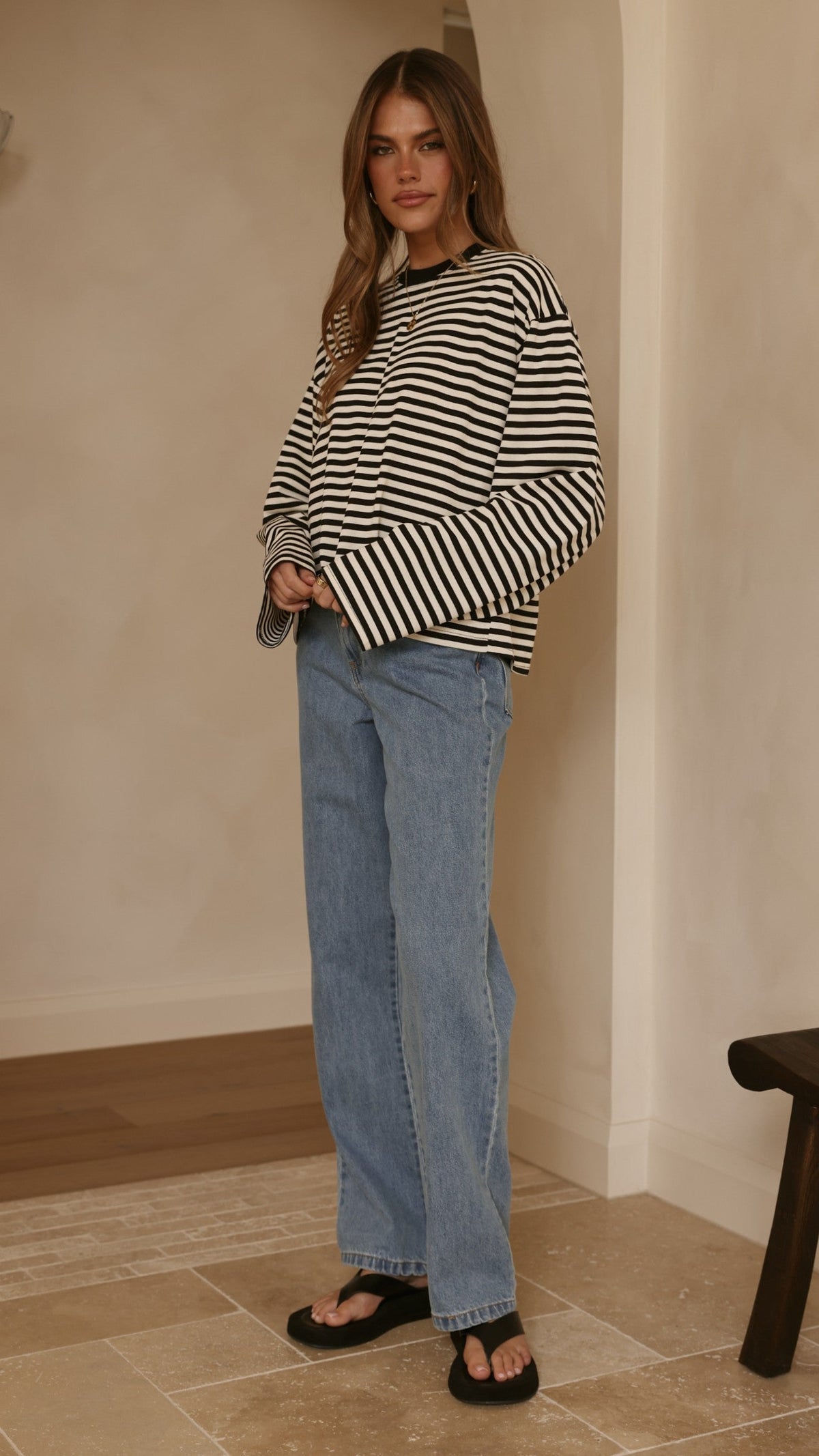 Solana Relaxed Crew Neck Long Sleeve Top – Black/White Stripe – view 7