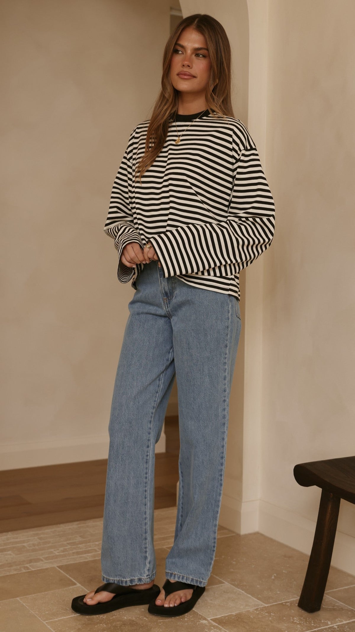 Solana Relaxed Crew Neck Long Sleeve Top – Black/White Stripe – view 8