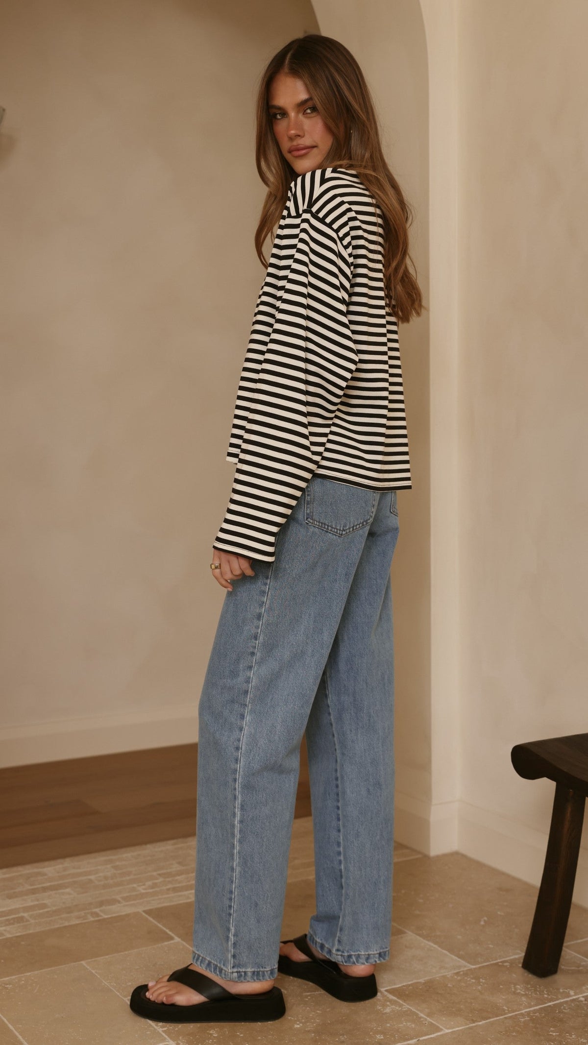 Solana Relaxed Crew Neck Long Sleeve Top – Black/White Stripe – view 2